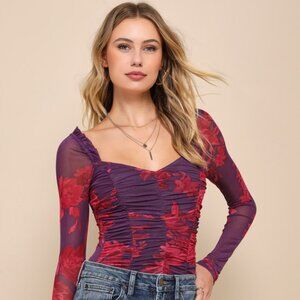 Lulus Flirty Option Purple Floral Print Mesh Long Sleeve Bodysuit - Size M